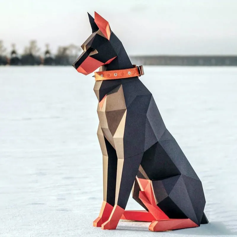 Escultura de papel de perro Doberman negro, modelo de Origami geométrico hecho a mano, regalo de decoración de dormitorio, 100cm