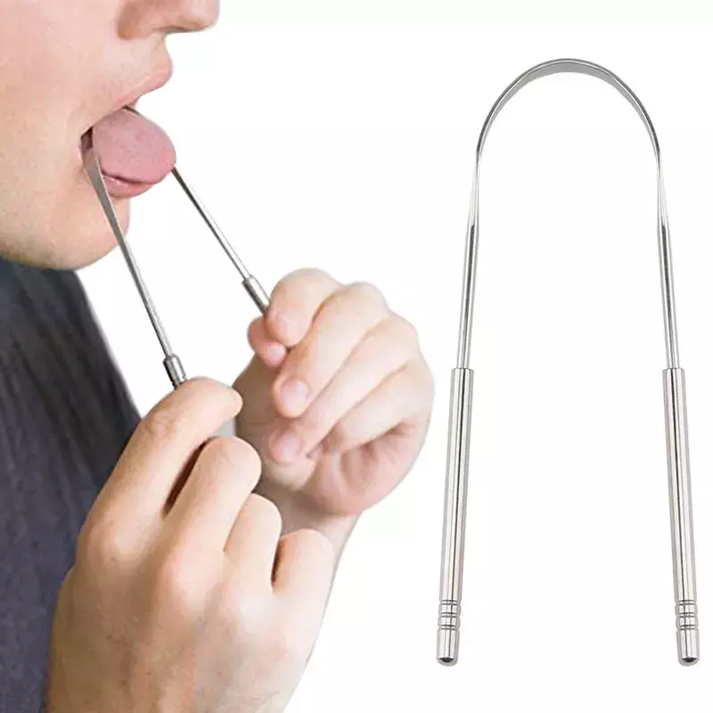 Raspador de lengua de acero inoxidable para limpieza Oral, cepillo de lengua reutilizable para eliminar restos de comida, cepillo de dientes, herramientas de higiene bucal, 1 unidad