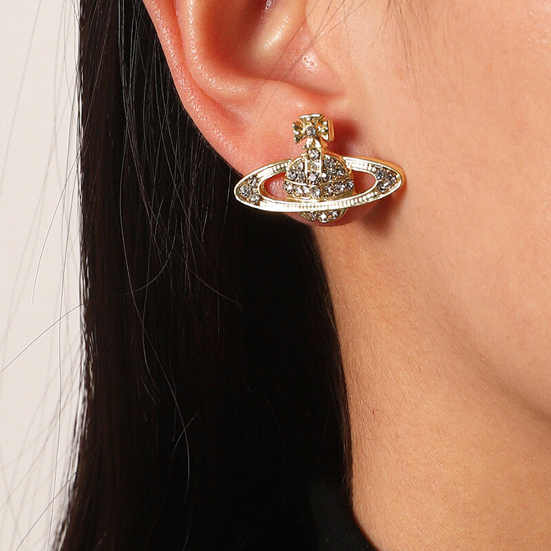 여성을 위한 라인석 하트 스터드 귀걸이, 기질 크리에이티브 싱글 레이어 다이아몬드 박힌 새로운 토성 귀걸이 쥬얼리 선물