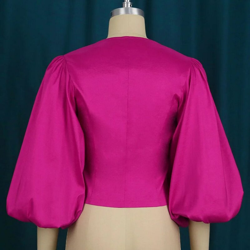Plus Größe Bluse Vintage Zweireiher Puff Sleeve Frauen Taste Up Shirts V-ausschnitt Afrikanische Büro Dame Mode Kleidung Tops 2022