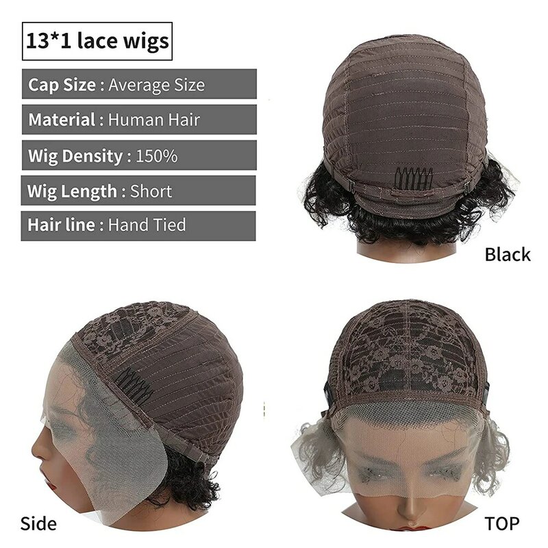 13x1 ludzki włos koronki przodu peruki T kształt HD koronki krótkie kręcone fryzura Pixie Bob peruka z dzieckiem włosy wstępnie oskubane dla czarnych kobiet