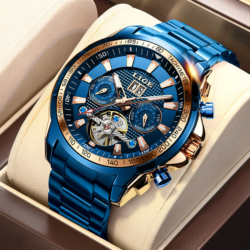 LIGE นาฬิกาข้อมือนาฬิกาผู้ชายอัตโนมัติกันน้ำ Sapphire Glass Top แบรนด์แฟชั่น Diver นาฬิกา Relogio Masculino