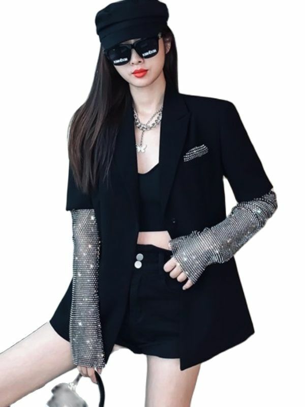 Blazer preto para mulheres, manga comprida, retalhamento de diamantes, casaco elegante, roupa feminina, nova moda, outono, 2023