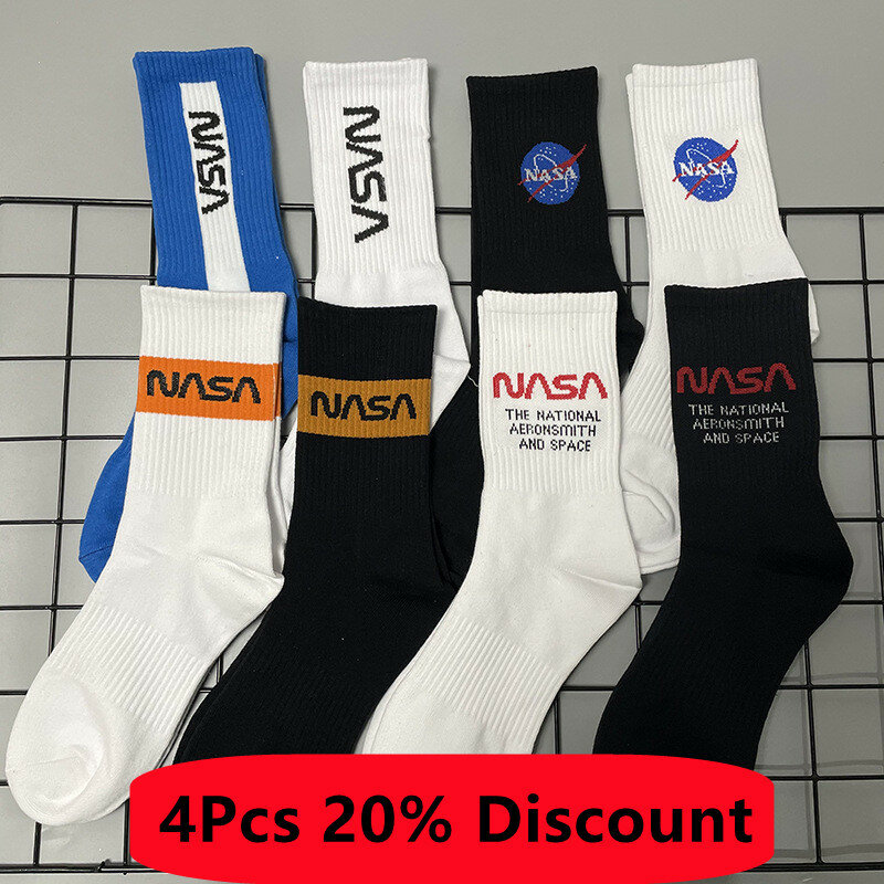 NASAs-Calcetines de algodón de tubo medio para hombre y mujer, medias deportivas de baloncesto, ropa de calle, Skateboard, Harajuku, Hip Hop