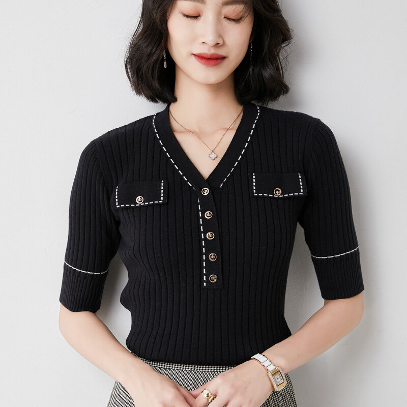 Zomer Nieuwe Korte Mouwen T-shirt Vrouwen V-hals Gebreide Bovenkleding Temperament Dieptepunt Shirt Slim Koreaanse Versie Knop Top
