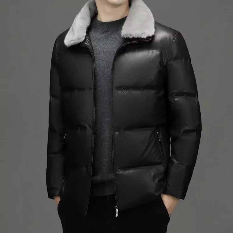 Cappotto in pelle giacca in pelle da uomo cappotto invernale in piuma d'oca nuovo colletto Polo semplice cappotto in piumino addensato