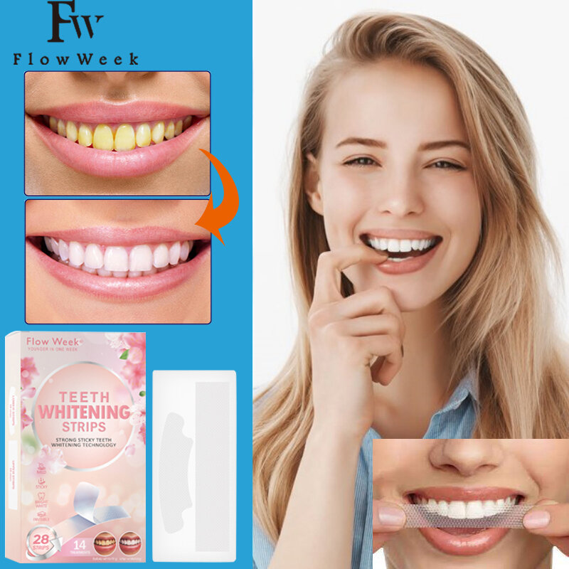 Dentes brancos branqueamento tiras, folheados dentais, dentes falsos cuidados, fluxo semana, remoção de mancha, higiene oral