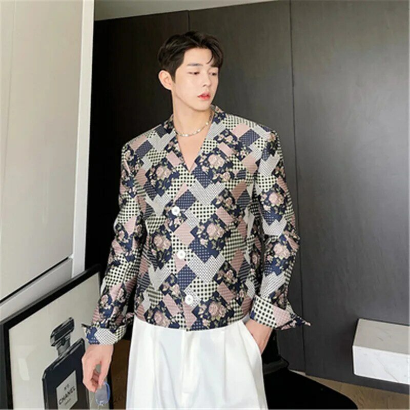 Blazer de lujo para hombre, chaqueta de diseño Jacquard geométrico, abrigos cortos sin cuello, ropa de calle coreana para hombre, otoño