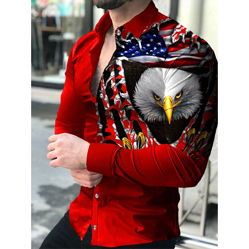 Kemeja Pria Sosial Mewah Kaus Kancing Kerah Turn-Down Kasual Lengan Panjang Gambar Elang Pakaian Pria Kardigan Streetwear