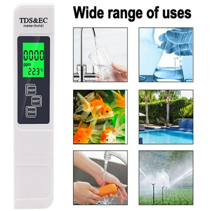 Testeur professionnel 3 en 1 de PH de l'eau, compteur de température TDS EC, écran LCD numérique, stylo de test de pureté, filtre de qualité de l'eau