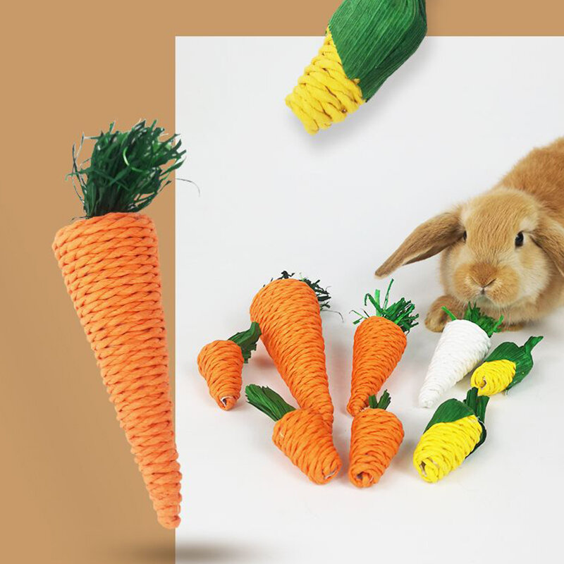 Mainan Hamster Kunyah Kelinci Mainan Gigit Menggiling Gigi Bola Anyaman Wortel Jagung untuk Membersihkan Gigi Mainan Molar Lobak Perlengkapan Hewan Peliharaan 1 Buah