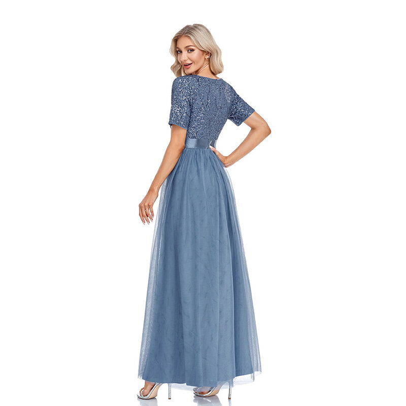 V-Neck A-Line Sequins & Tulle Elegant Blue Evening Dresses Short Sleeves Floor Length Women Summer Party Dresses