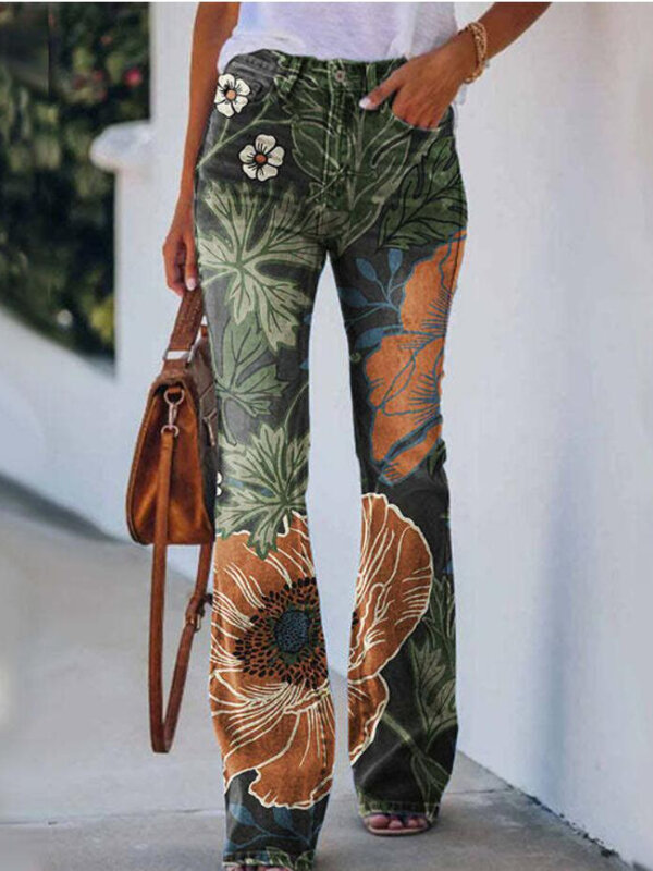 2022 джинсы европейские и американские большие женские повседневные брюки с цветами тонкие прямые брюки женская одежда