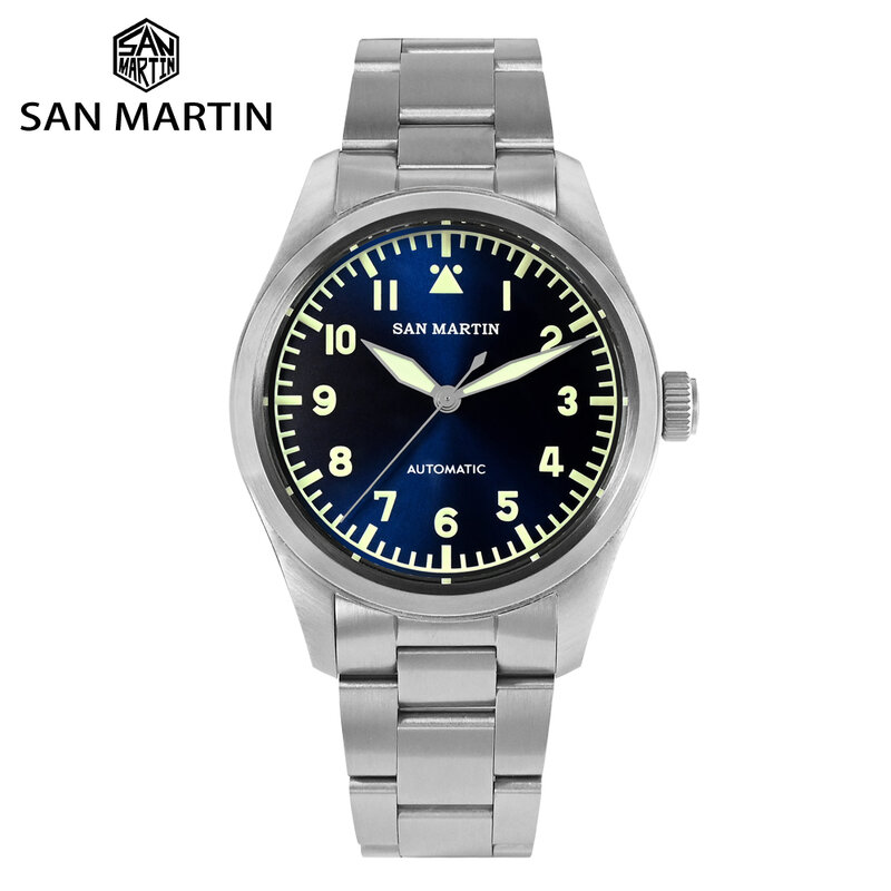 Klasyczny zegarek Pilot San Martin SN0030G 39mm NH35 automatyczny mechaniczny C3 świecąca tarcza słoneczna prosta modna męski zegarek wojskowy