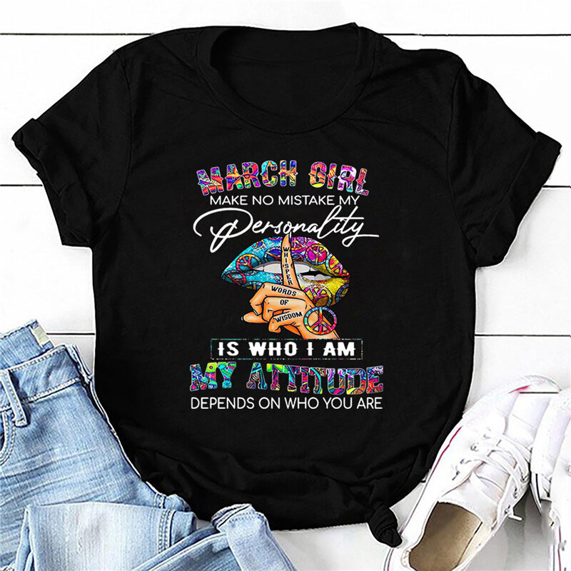 여성 그래픽 3 월 소녀 실수 내 성격 인쇄 패션 반팔 레이디 의류 탑스 티셔츠 여성 티셔츠 티셔츠