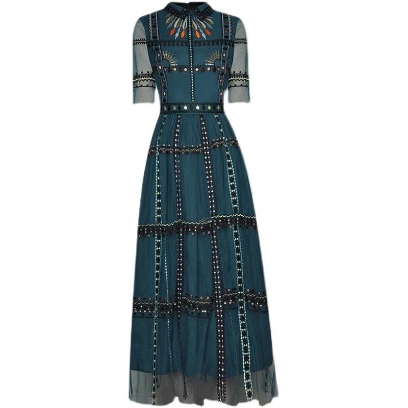 Vestido de malla Vintage con cuello vuelto para mujer, vestido de fiesta elegante de verano, bordado a rayas de cintura alta, nuevo diseño, 2023