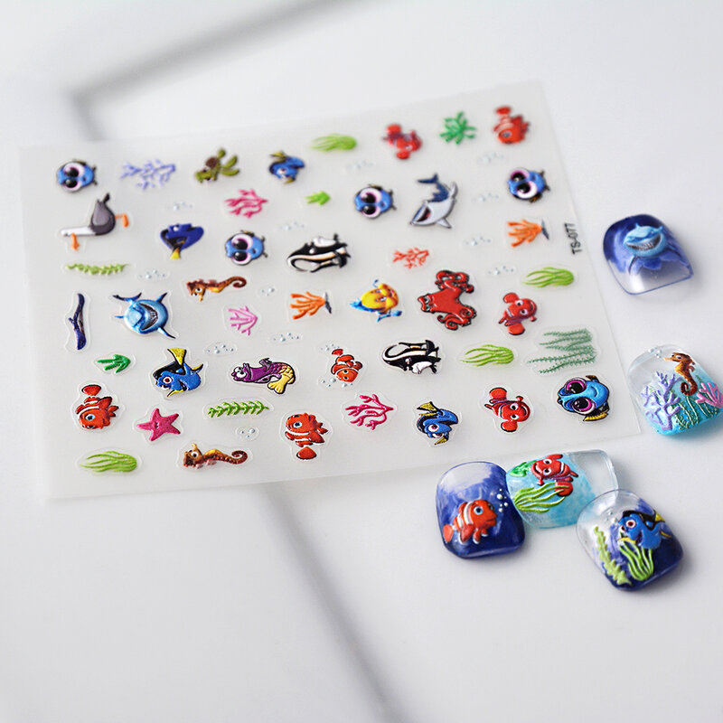 Autocollants à ongles thème animaux de mer, 5D, dessin animé mignon, pour filles, décoration des ongles, curseur auto-adhésif, TS-077