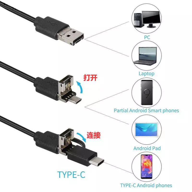 USB-эндоскоп с гибким кабелем, 5,5 мм, 2 м, 1 м