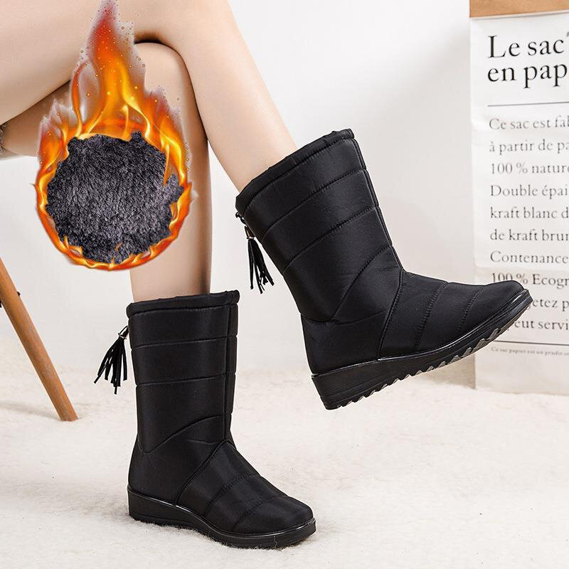 Botas de nieve planas para Mujer, zapatos de plataforma sin cordones, botines impermeables, zapatos gruesos de invierno