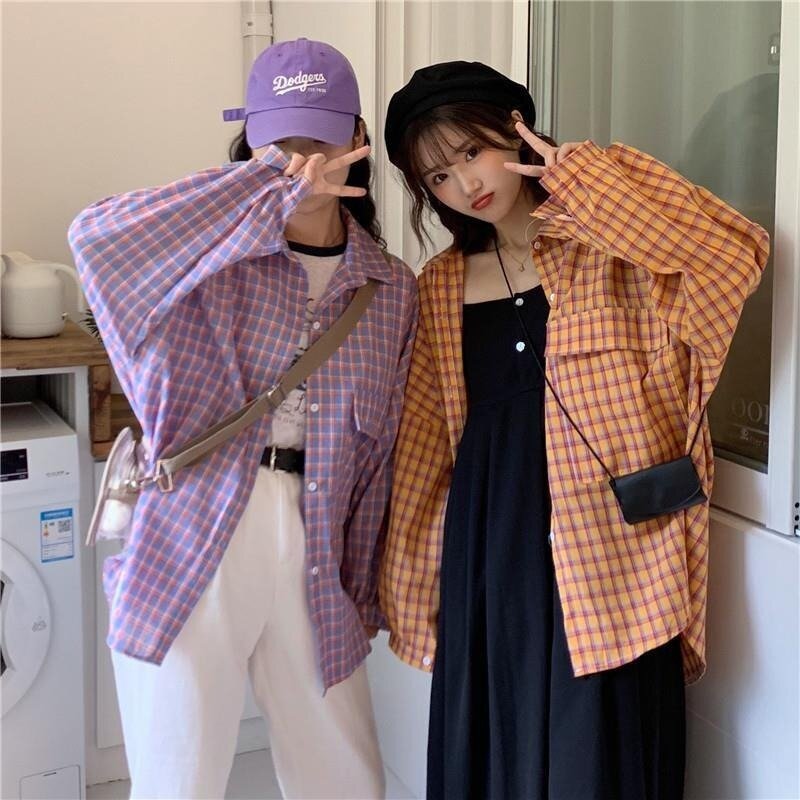 Deeptown Chemise a Carreaux Femme Manches Longues Hauts Treillis Imprimé Chemisier Mode Coréenne 2021 Surdimensionnée Printemps Kpop Décontracté Violet Vêtements
