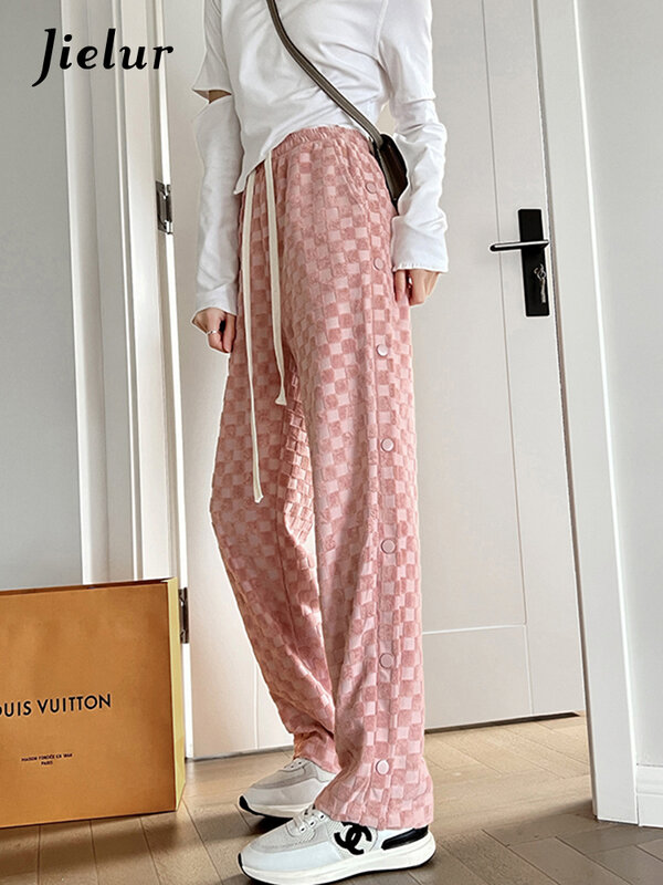 Jielur damasco checkerboard sweatpants feminino outono de cintura alta rosa calças drapeja reta solta casual xadrez calças femininas S-XL