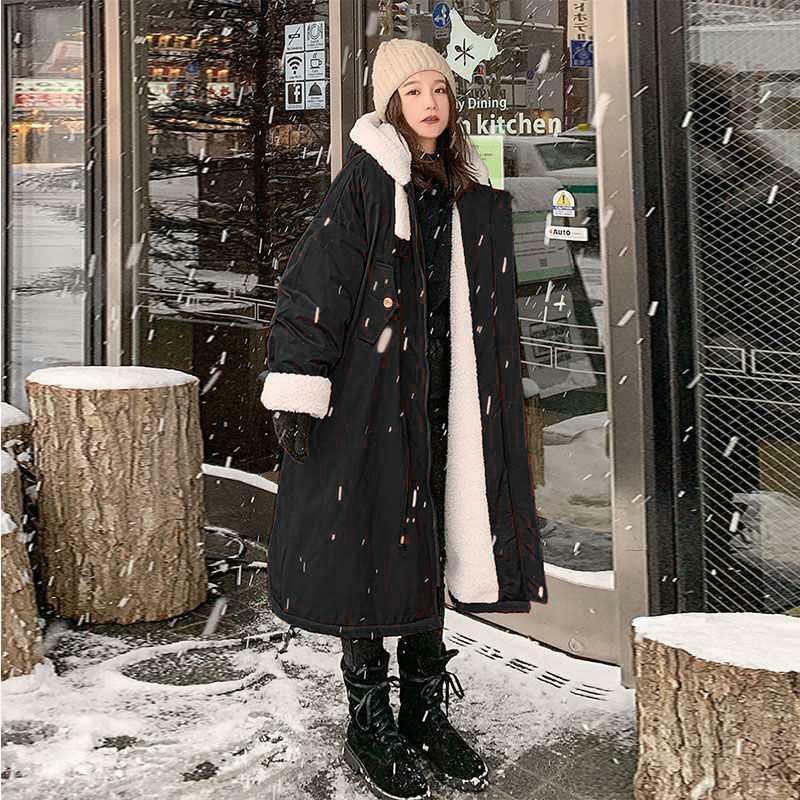 Veludo parka casaco de algodão casaco de lã de cordeiro feminino versão coreana solto novo inverno mid-length ins jaqueta de trabalho feito com ferramentas