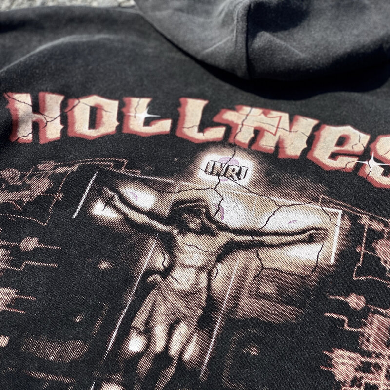 Homens Retro Lavado Capuz Moletom Jesus Carta Gráfico Impressão Bolso Com Capuz Hoodie Hip Hop Streetwear Harajuku Pullover Vindima