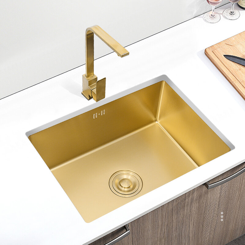 Nano-304 Stainless Steel Sink Golden Kitchen Sink Basin Under Counter Large Single Tank Basin Thickened Hand-made Small Sink