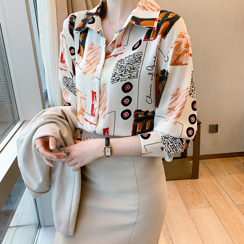 Женская рубашка с принтом, элегантная Весенняя рубашка с отложным воротником и длинными рукавами, Элегантная блузка, Прямая поставка