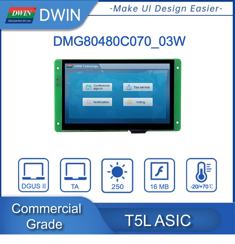 Dwin 7.0 Inch Tft-Lcd Module T5L Commerciële Grade Hmi Intelligente Touchscreen Ctp/Rtp + Ttl/232 Interface DMG80480C070_03W