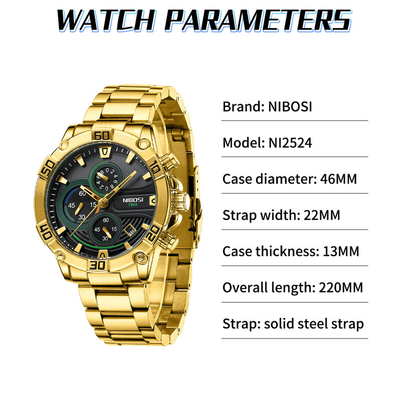 Модные кварцевые часы NIBOSI для мужчин, роскошные золотые часы из нержавеющей стали на ремешке, светящиеся часы с хронографом, мужские часы 2524