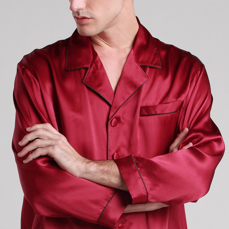 High Quality Man Silk Satin Two Piece Pajamas 22 Momme Silk Long Sleeve Loungewear Pyjamas Man's Sleepwear Set