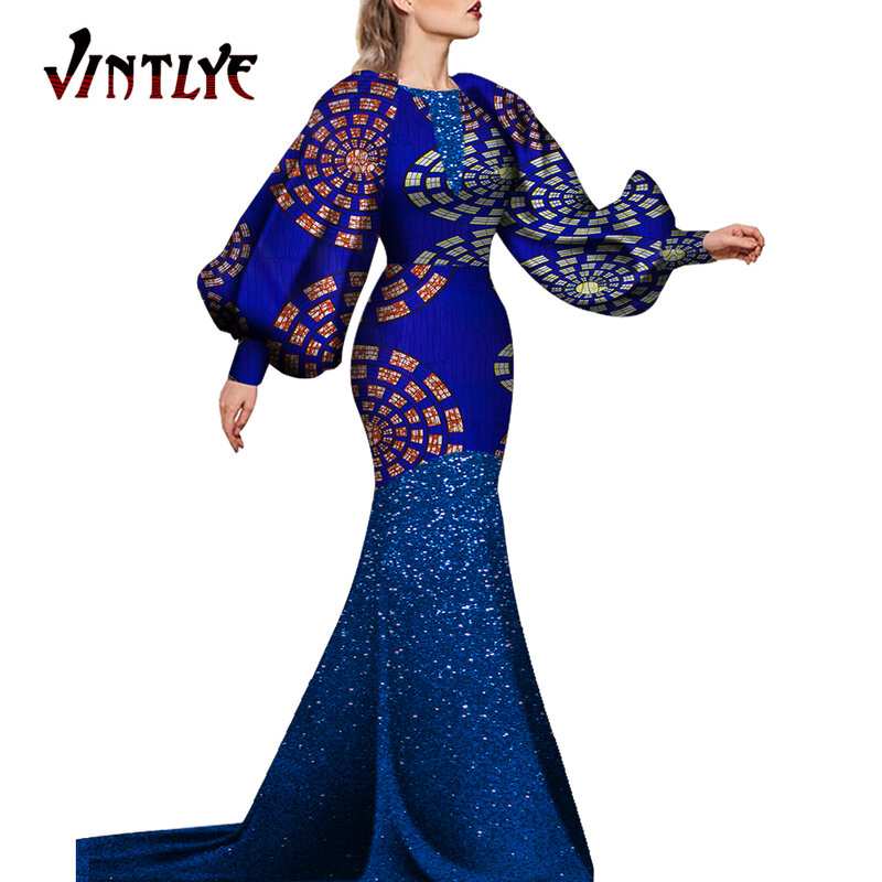 Fashion Robe Africaine Femme African Dresses for Women Lantern Sleeve Print Dashiki Evening Dress African Lady Clothes WY5895