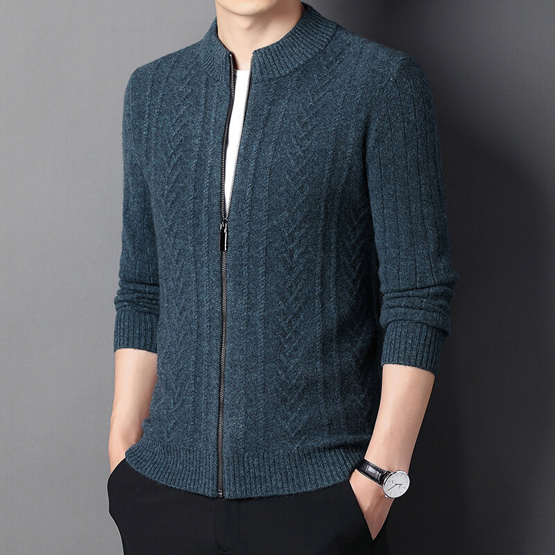 Męski czysty sweter z wełny rozpinany sweter jesienno-zimowy stójka żakardowa kurtka koreańska zagęszczony męski sweter