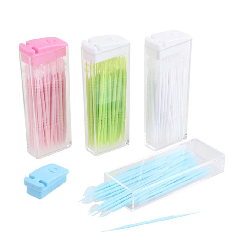 50 unids/lote de palillos de dientes de plástico desechables portátiles, hilo Dental de viaje de dos cabezales, Color aleatorio