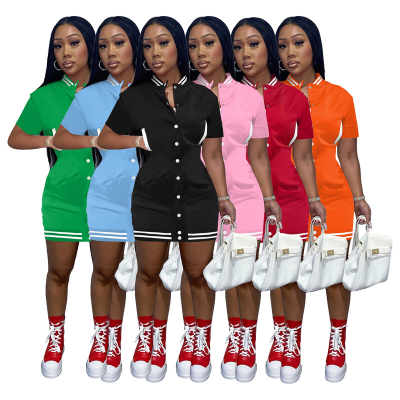 2022 New Casual Sports Baseball Dress Women Fashion Patchwork Pocket Button Short Sleeve Mini Dresses Female
