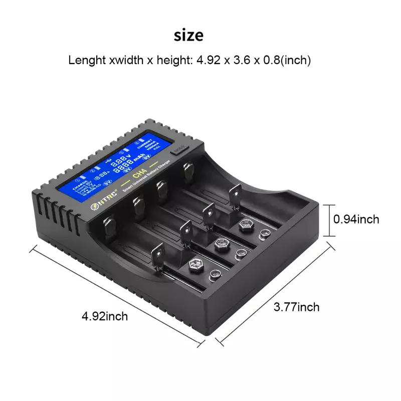 Htrc 4 Slots Battery Charger Lcd Smart Lader Voor Li-Ion Li-Fe Mh Ni-Cd Aa/Aaa/26650/6F22/16340/9V 18650 Batterij Lader