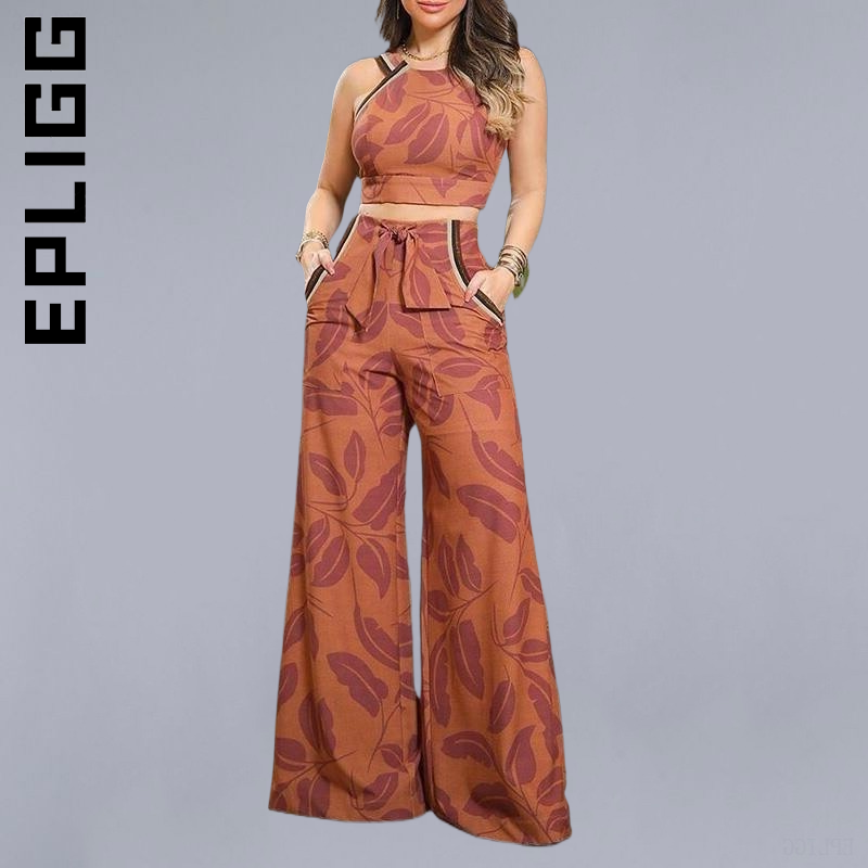 Женский комплект Epligg, Модный женский комплект из топа без рукавов с принтом листьев и длинных брюк, свободный комплект из двух предметов, же...