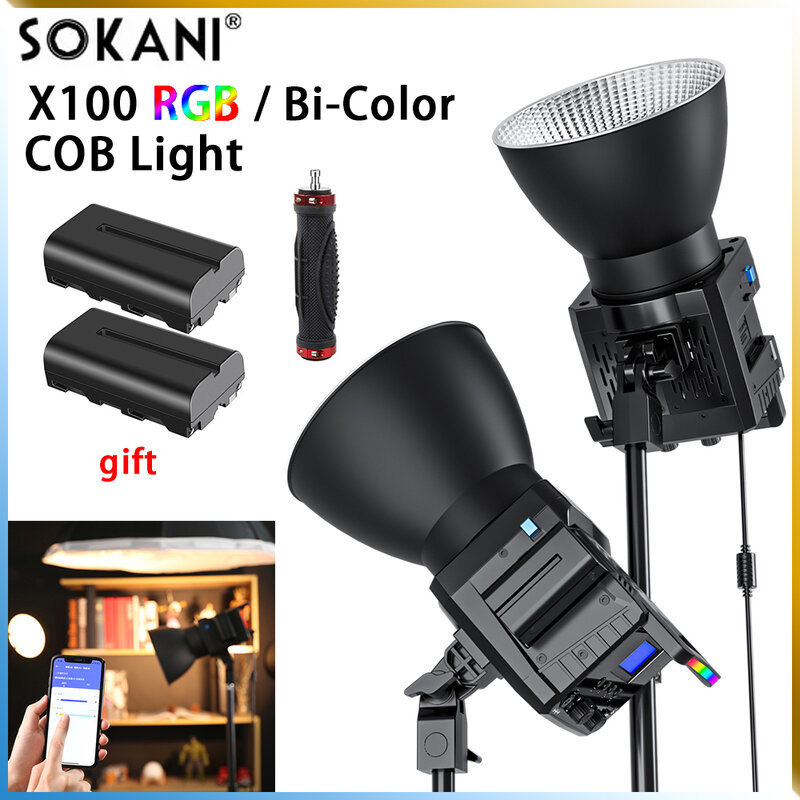 Sokani x100 bi-color 100w luz de vídeo x100 rgb cob luz fotografia iluminação para fotográfico strobe iluminação app controle