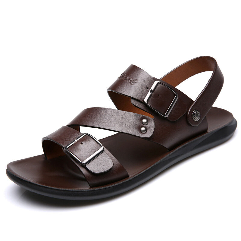 Concise Men's Sandals Solid Color Leather Men Summer Shoes Casual Comfortable Open Toe Sandals Soft Beach Footwear Male Shoes