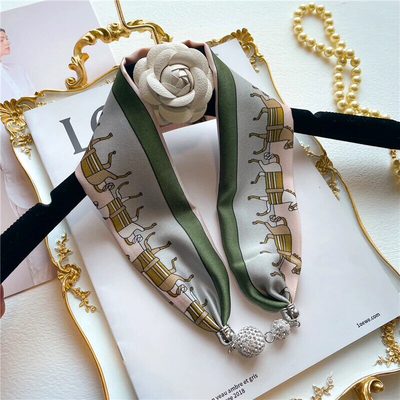 Popular Silk Feeling Magnet Scarf Women Print Luxury Necklace Hand Bag Wrist Foulard Neck Tie Design Scarves Accessories 2022