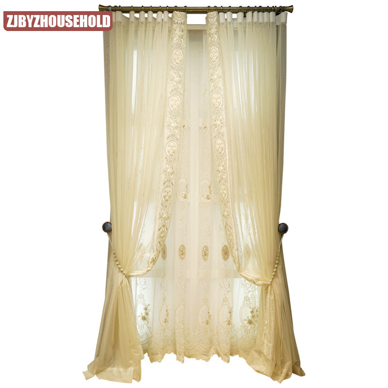 White Embroiderygauze curtain villa high window European American living room bedroom neoclassical curtain product customization