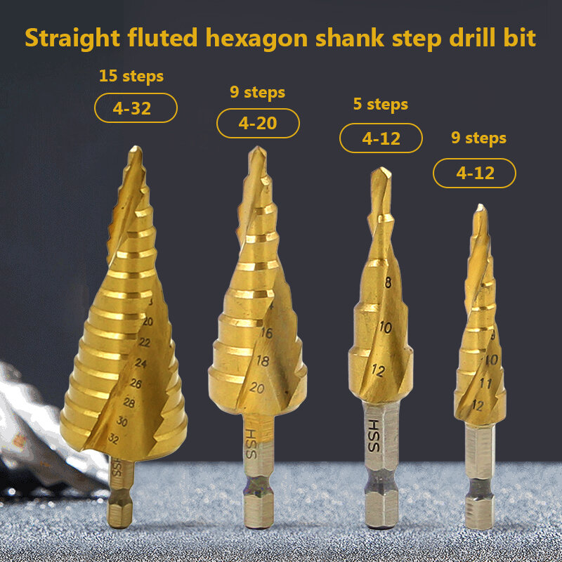 4-12/20/32mm Wood Step Drill Bit Set HSS Spiral Grooved Carbide Mini Drill Bit Accessories Titanium Cone Drills for Woodworking