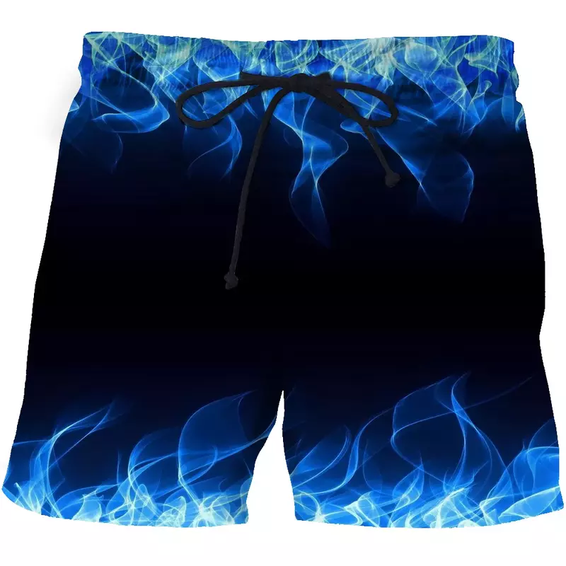 3d printed beach shorts, quick-drying blue flame fitness shorts, shorts with fun 3d street printing fashion 2021