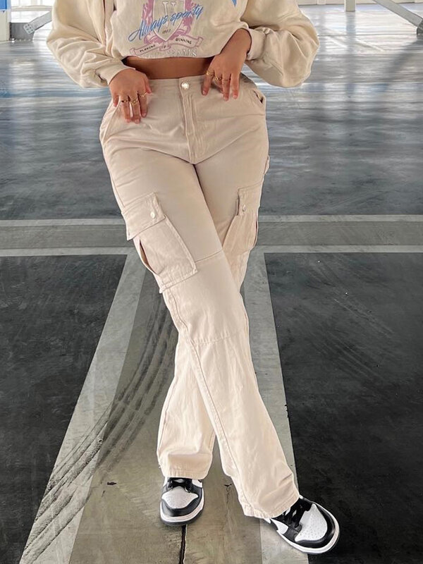 Khaki Cargo Hosen Jeans Frauen Hohe Taille Schlank Mode Streetwear ArmyGreen Große Taschen Y2k Vintage Baggy Denim Hosen Overalls