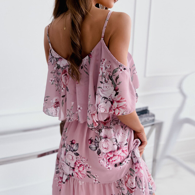 Floral Gedruckt Boho Strand Chiffon-Kleid Weibliche Backless Sexy Frauen Sommer 2022 Rüschen Off Schulter Beiläufige Elegante Mini Kleider