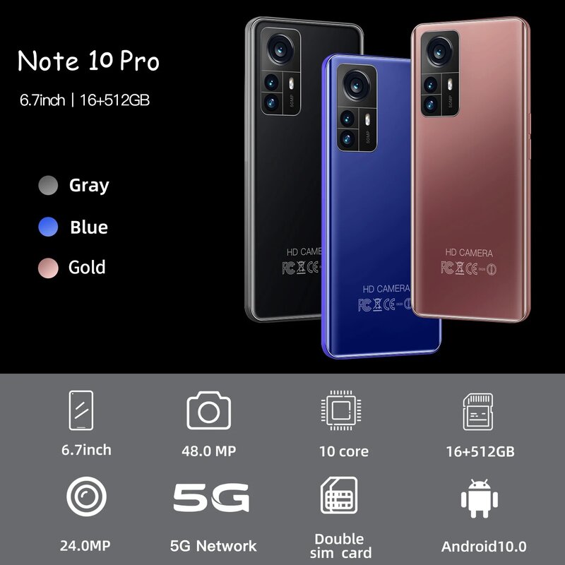 Smartphone Note 10 Pro débloqué, téléphone portable, écran de 6.7 pouces, Smartphone, mémoire de 16GB et 512GB, Android, 5G, Version internationale