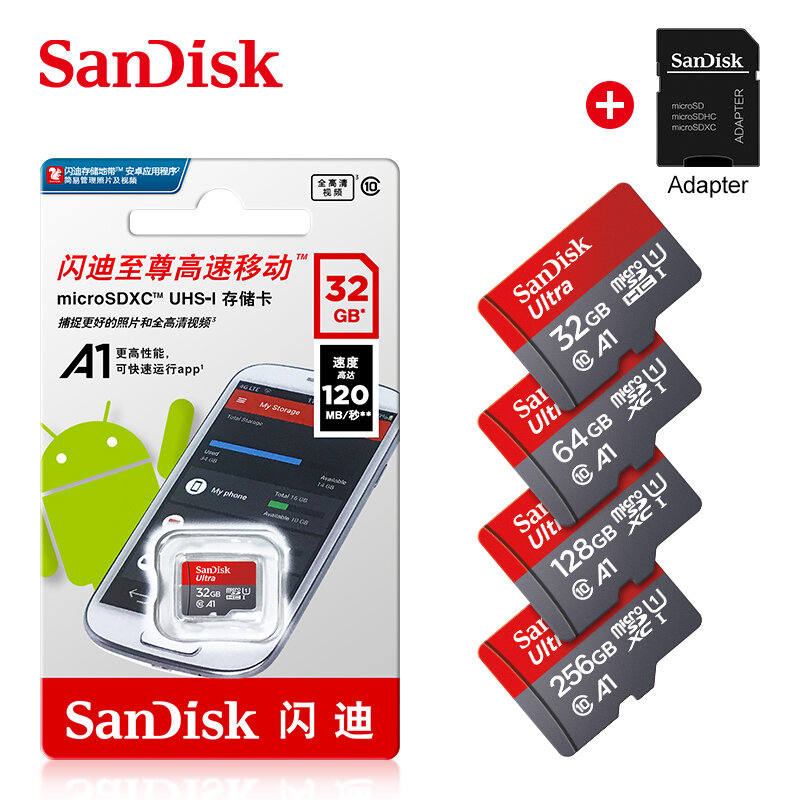 SanDisk-tarjeta de memoria Ultra, Microsd clase 10, UHS-3, A1, flash, sd/TF, 256GB, 128GB, 64GB, 120 MB/S, 32GB