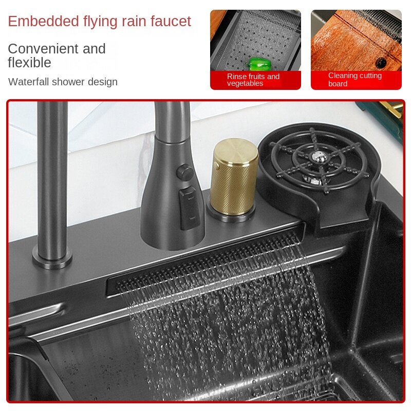Fregadero de cascada de lluvia oculta, fregadero individual de acero inoxidable para el hogar con lavamanos para tazas, lavamanos para verduras
