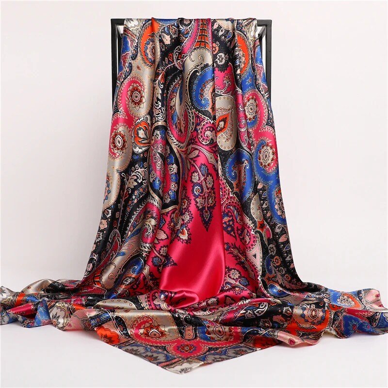 De moda de satén de seda hiyab de bufanda cuadrada de las mujeres 90*90cm de impresión Floral y chales de diadema pañuelos de Bandana pañuelo 2021 nuevo